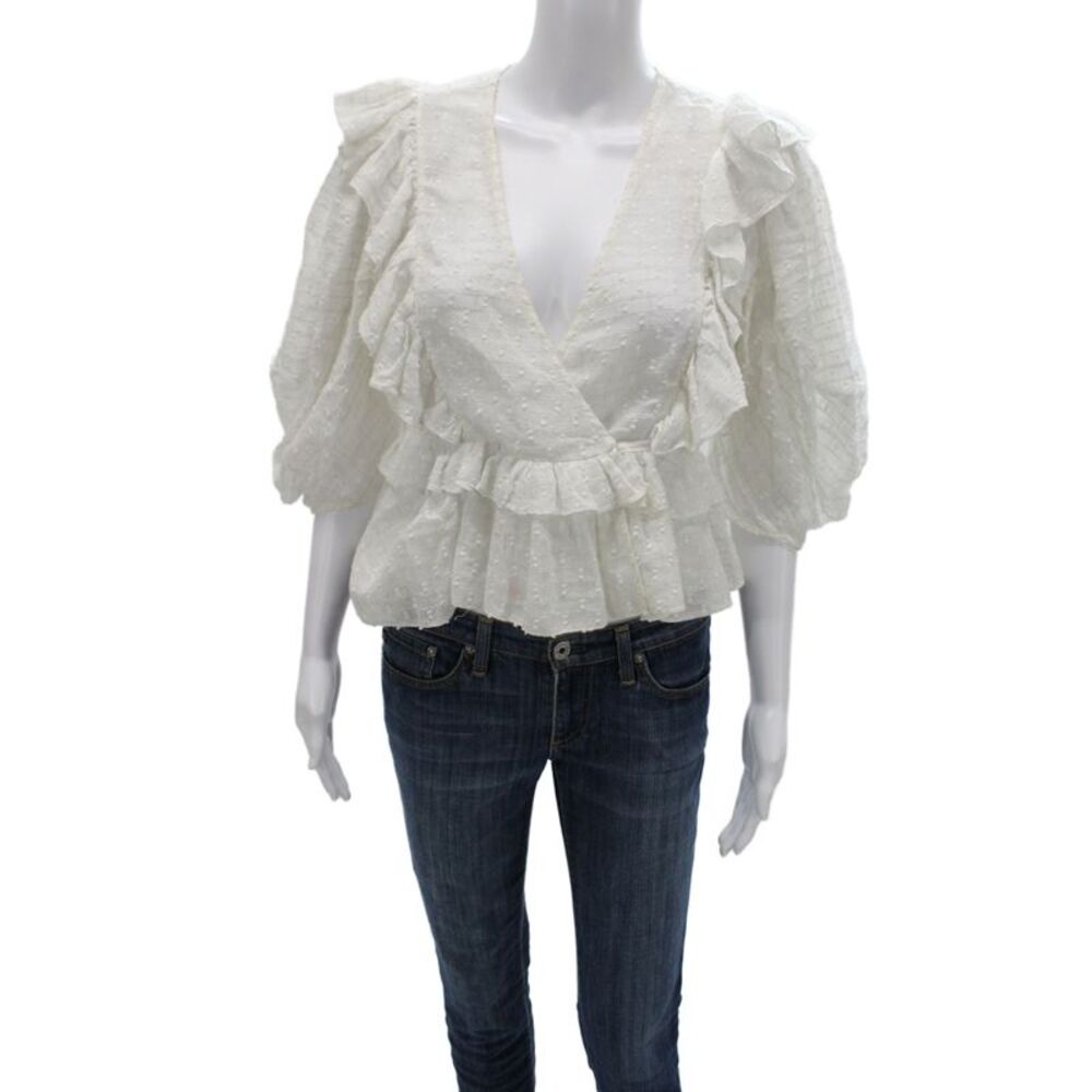 Rhode Womens Cropped Blouse White Cotton Polka Dot V-Neck 3/4 Sleeve Tie Size S